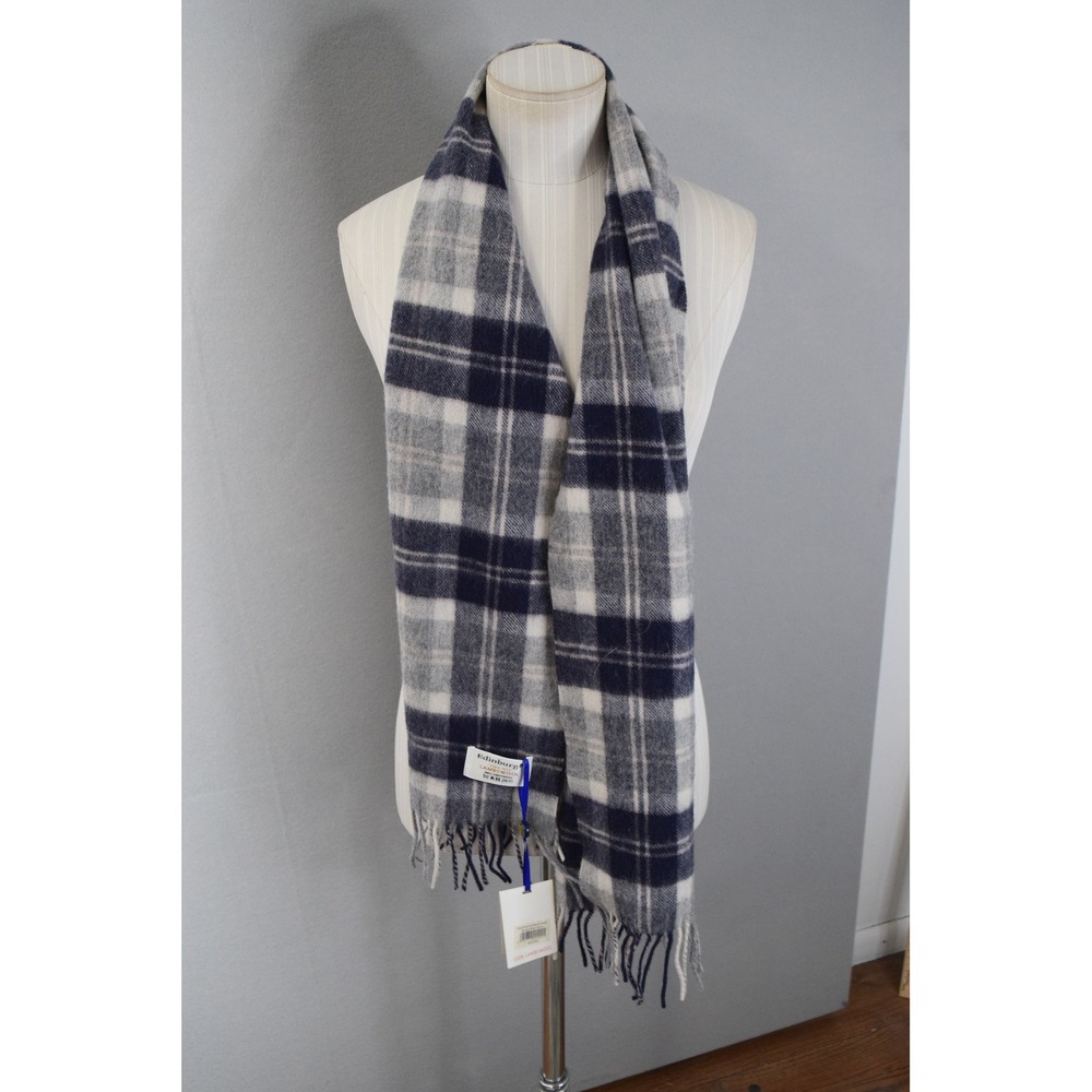 Edinburgh 100% Lambswool Tartan Plaid Scarf Classic Blue Grey Mens New 58X 11.5